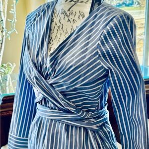 White House Black Market Blue and White Striped wrap Blouse with a side zipper
